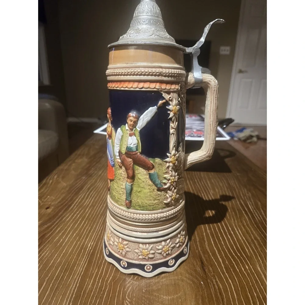 Vintage GERZ W Germany Musical Beer Stein Pewter Lid Tyrolean Dancers 13.5